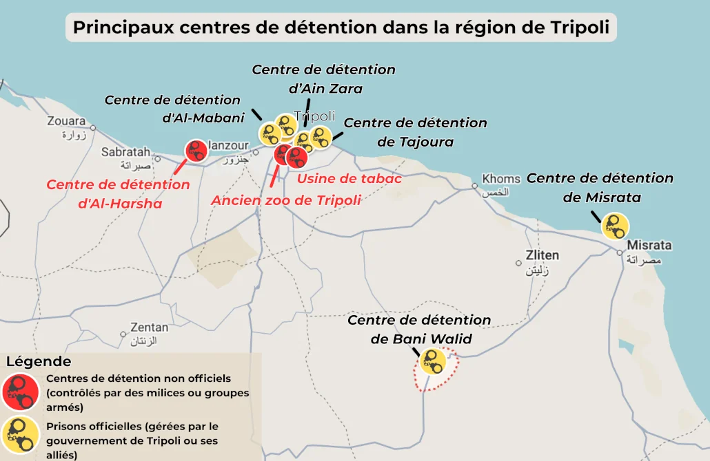 Principaux centres de détention dans la région de Tripoli | Carte: Google Maps. Données et cartographie Marie Guermeur