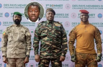 «Stratégie du Togo pour le Sahel»; Une Fuite En Avant Qui Cache Mal l’Incompétence de Faure Gnassingbé L'incompétent Premier ministre du Togo Faure E. Gnassingbé (en médaillon) et les clowns du machin AES: Assimi Goïta du Mali (g), Abdourahamane Tchiani du Niger et Ibrahim Traoré du Burkina Faso (d) | Photo: DR; Info: 27avril.com