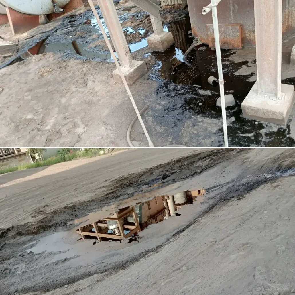 Wacem: des fuites de fuel créent des "lacs" (bas) ou des "rivières" qui coulent jusque dans les caniveaux et dans les champs de la population (haut) | Photos: DR / Lalternative.info