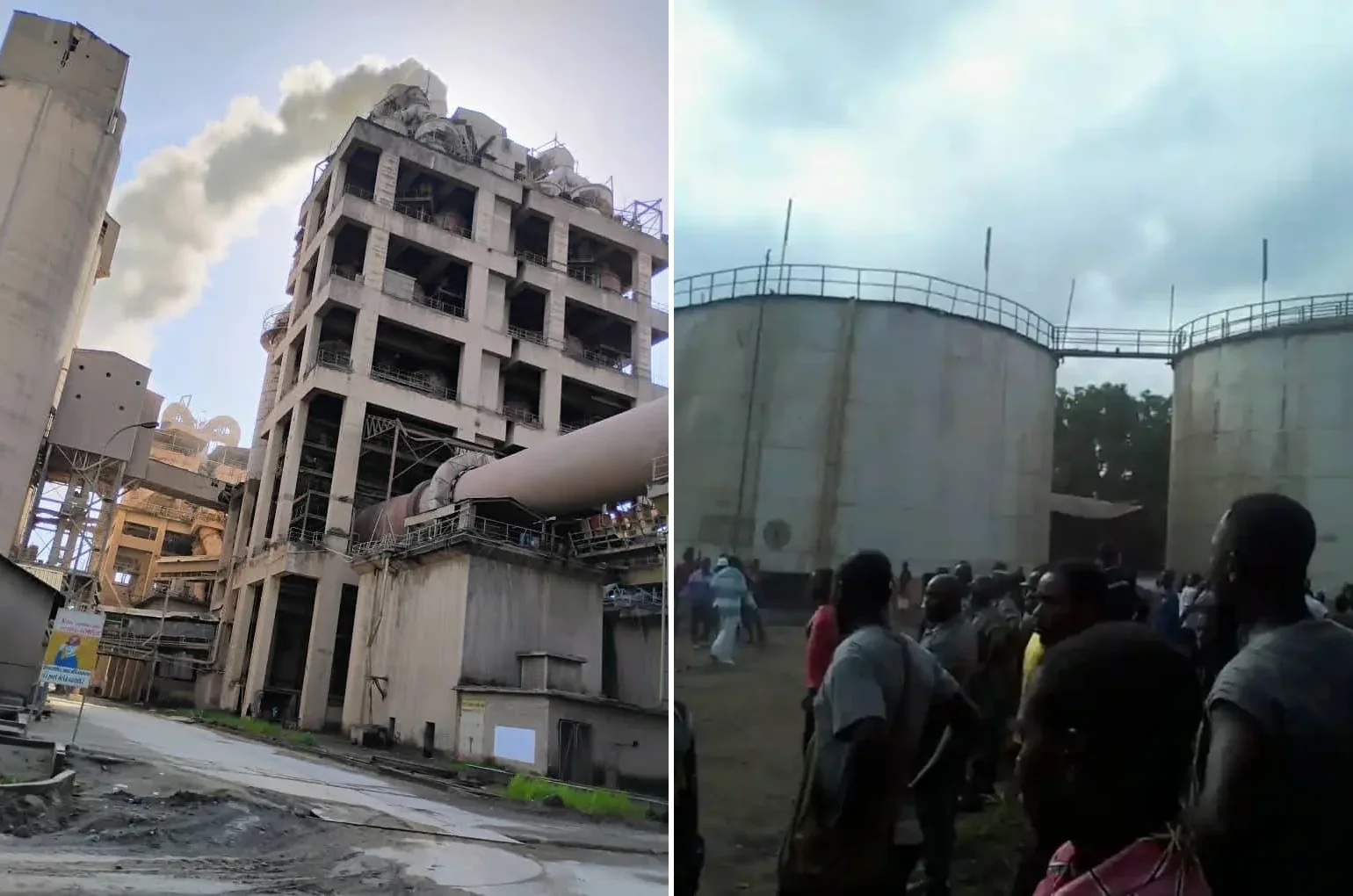 Wacem, fumée polluante (g), et la population accourue dans l’usine après l’explosion de 2015 qui a coûté la vie à plusieurs personnes | Photo: DR / Lalternative.info