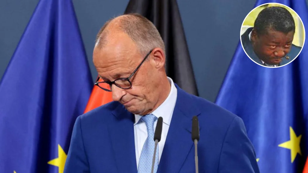 Le chancelier allemand Friedrich Merz réagit en prononçant une déclaration après l'annonce des sondages de sortie des élections régionales de Berlin et Mecklembourg en Poméranie occidentale | Photo: Reuters. En mortaise, le premier ministère Togolais Faure Gnassingbé | Infog: 27avril.com
