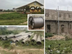 Togo / Agoè-Fidokpui: Poteaux et câbles électriques abandonnés au milieu d’un marché inauguré aujourd’hui Poteaux et câbles électriques abandonnés au milieu d'un marché construit en 2024 et laissé à l'abandon jusqu'à tout récemment | Infog: LeCorrecteur.tg
