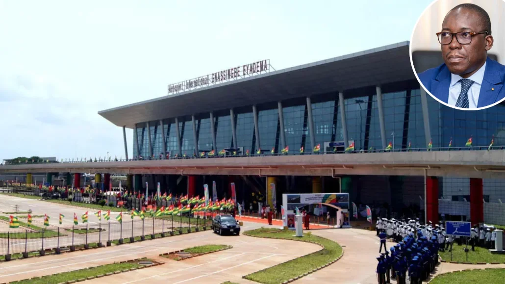 Aéroport de Lomé. En mortaise, le DG du SALT, le sieur Kanka-Malik Natchaba | Photos: DR; Infog: 27avril.com