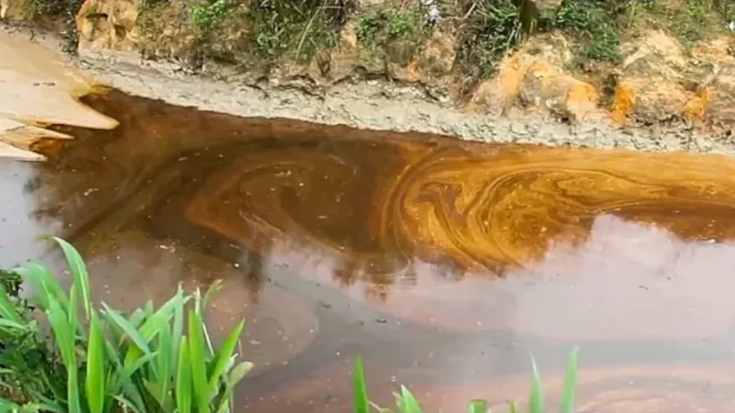 Pétrole issu d'un déversement polluer la rivière Okuku, dans l'Ogoniland, au Nigeria, le 16 juin 2023 | Capture d'écran: AP